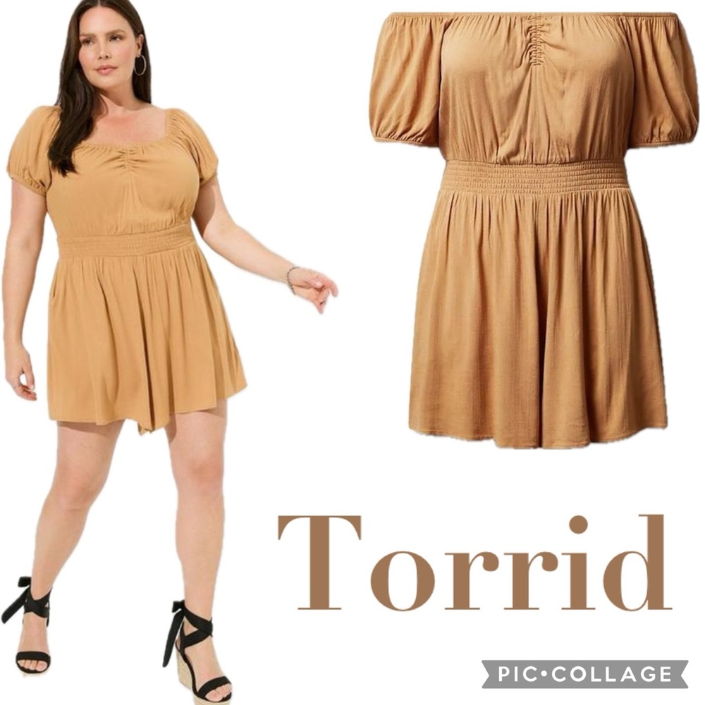 Torrid Rayon Slub Puff Sleeve Smocked Waist Romper With Pockets In Biscuit (Tan)